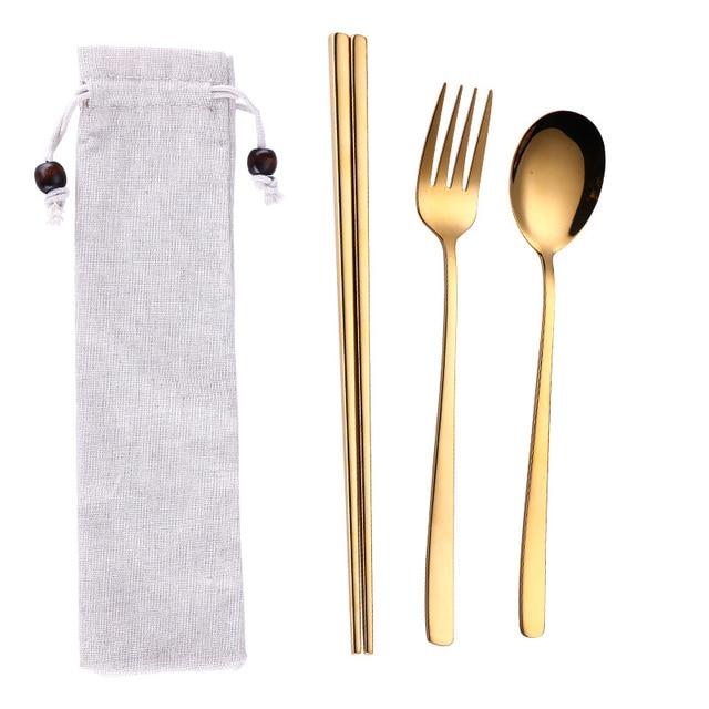 Tofok Stainless Steel Dinnerware Set Spoon Fork Chopsticks Straw With Cloth Pack Cutlery For Travel Outdoor Office Picnic BBQ