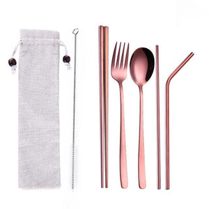 Tofok Stainless Steel Dinnerware Set Spoon Fork Chopsticks Straw With Cloth Pack Cutlery For Travel Outdoor Office Picnic BBQ