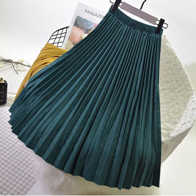 2019 Two Layer Autumn Winter Women Suede Skirt Long Pleated Skirts Womens Saias Midi Faldas Vintage Women Midi Skirt