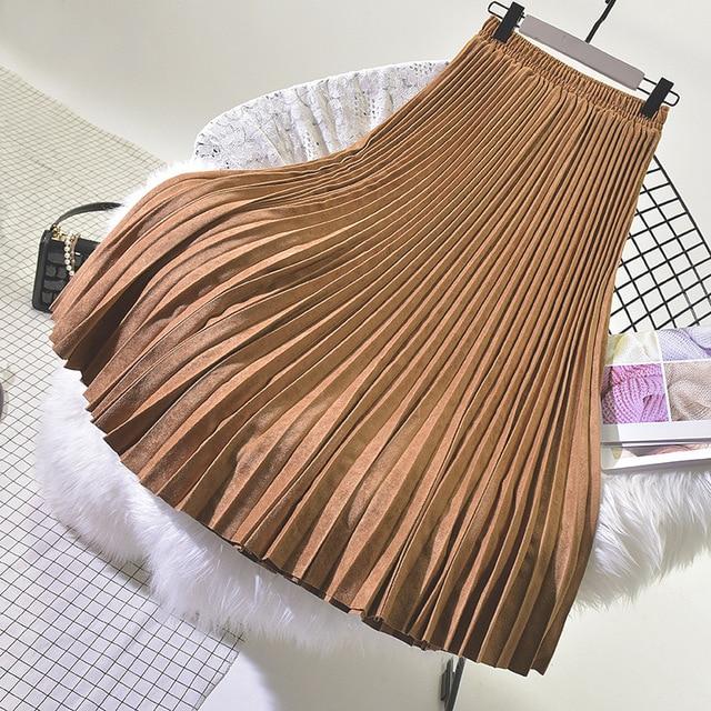 2019 Two Layer Autumn Winter Women Suede Skirt Long Pleated Skirts Womens Saias Midi Faldas Vintage Women Midi Skirt