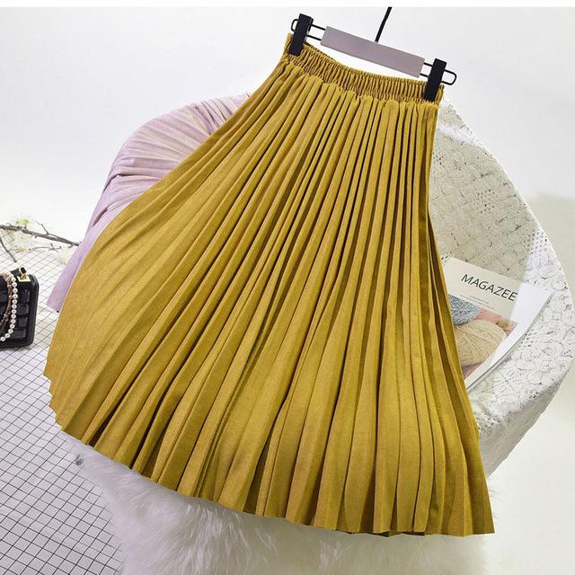 2019 Two Layer Autumn Winter Women Suede Skirt Long Pleated Skirts Womens Saias Midi Faldas Vintage Women Midi Skirt