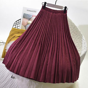 2019 Two Layer Autumn Winter Women Suede Skirt Long Pleated Skirts Womens Saias Midi Faldas Vintage Women Midi Skirt