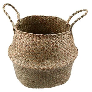 WHISM Handle Seagrass Laundry Basket Folding Handmade Straw Flowerpot Planter Wicker Clothes Toys Storage Holder Organizer