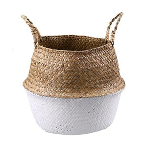 WHISM Handle Seagrass Laundry Basket Folding Handmade Straw Flowerpot Planter Wicker Clothes Toys Storage Holder Organizer