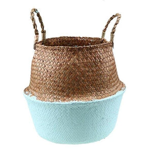 WHISM Handle Seagrass Laundry Basket Folding Handmade Straw Flowerpot Planter Wicker Clothes Toys Storage Holder Organizer