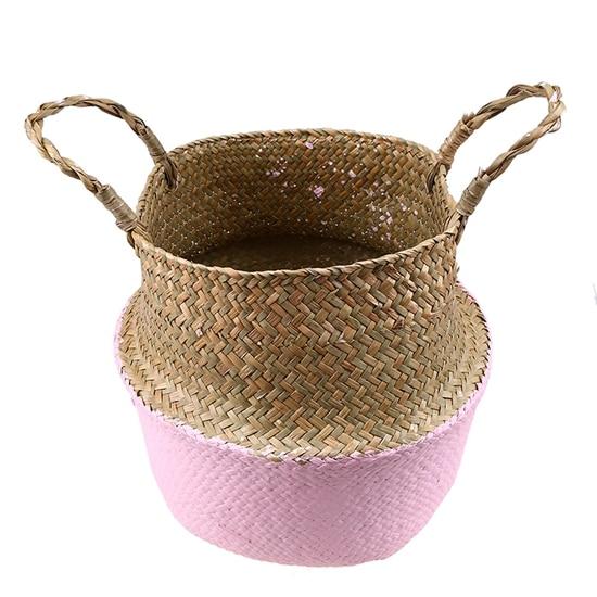 WHISM Handle Seagrass Laundry Basket Folding Handmade Straw Flowerpot Planter Wicker Clothes Toys Storage Holder Organizer