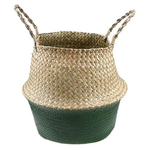 WHISM Handle Seagrass Laundry Basket Folding Handmade Straw Flowerpot Planter Wicker Clothes Toys Storage Holder Organizer