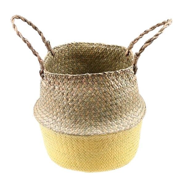 WHISM Handle Seagrass Laundry Basket Folding Handmade Straw Flowerpot Planter Wicker Clothes Toys Storage Holder Organizer