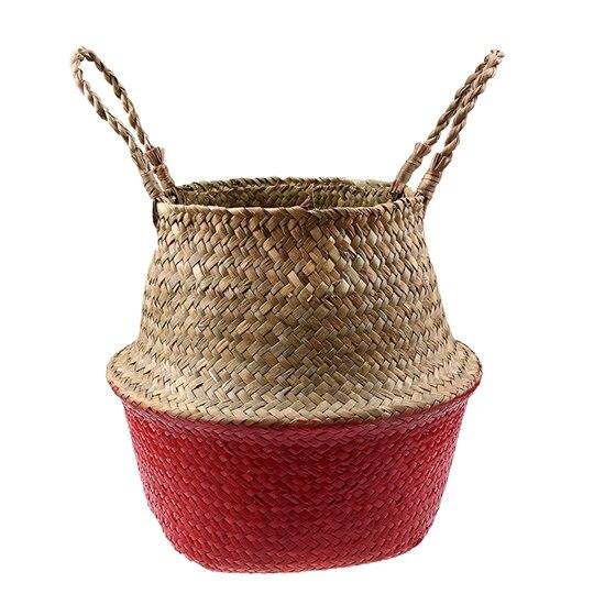 WHISM Handle Seagrass Laundry Basket Folding Handmade Straw Flowerpot Planter Wicker Clothes Toys Storage Holder Organizer