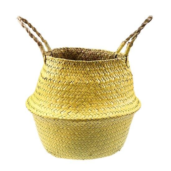 WHISM Handle Seagrass Laundry Basket Folding Handmade Straw Flowerpot Planter Wicker Clothes Toys Storage Holder Organizer