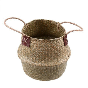 WHISM Handle Seagrass Laundry Basket Folding Handmade Straw Flowerpot Planter Wicker Clothes Toys Storage Holder Organizer