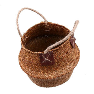 WHISM Handle Seagrass Laundry Basket Folding Handmade Straw Flowerpot Planter Wicker Clothes Toys Storage Holder Organizer