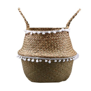 WHISM Handle Seagrass Laundry Basket Folding Handmade Straw Flowerpot Planter Wicker Clothes Toys Storage Holder Organizer