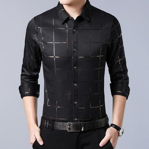 casual spring luxury plaid long sleeve slim fit men shirt streetwear