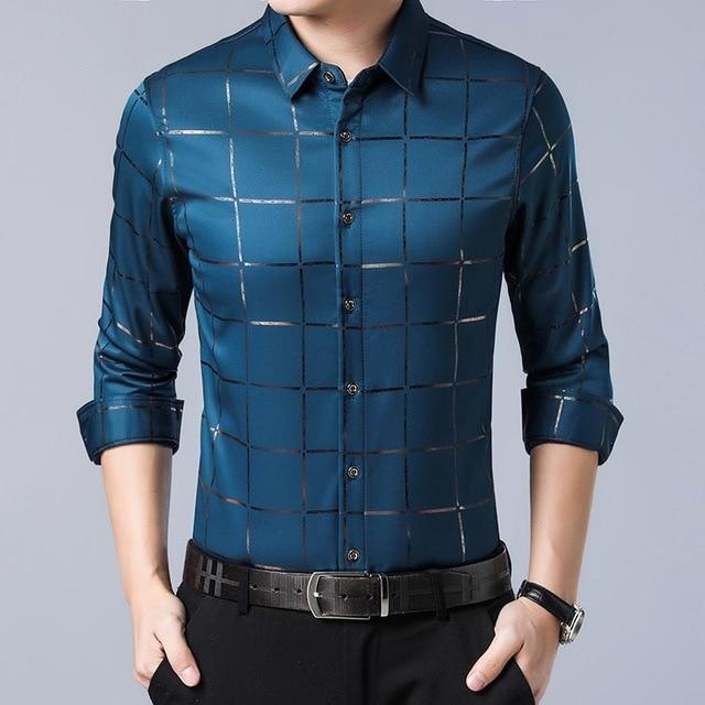 casual spring luxury plaid long sleeve slim fit men shirt streetwear