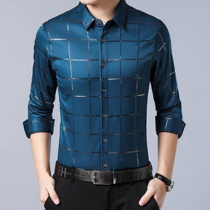 casual spring luxury plaid long sleeve slim fit men shirt streetwear