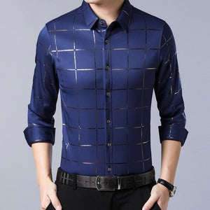 casual spring luxury plaid long sleeve slim fit men shirt streetwear