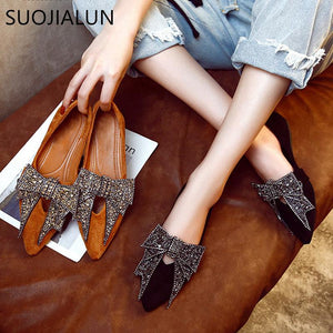 Elegant Women Flat Ballet Shoes Bling Crystal Bow Tie Pointed Toe Flats