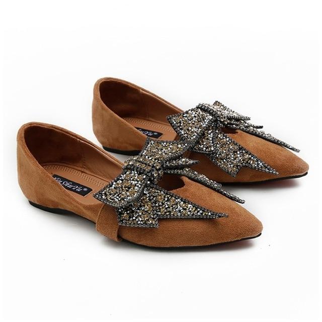 Elegant Women Flat Ballet Shoes Bling Crystal Bow Tie Pointed Toe Flats