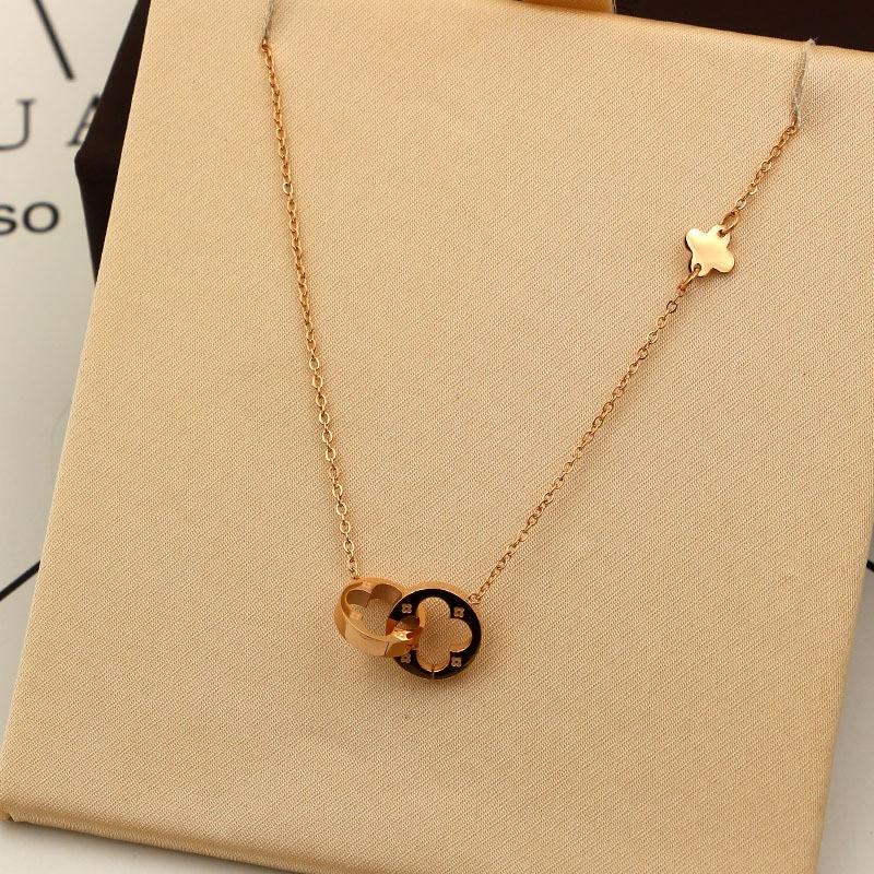 Women Jewelry Two Circle Double Buckle Necklace Hollow Clover Pendant