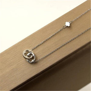 Women Jewelry Two Circle Double Buckle Necklace Hollow Clover Pendant