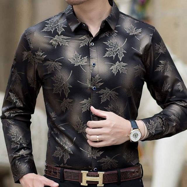 long sleeve maple leaf designer shirts men slim fit vintage