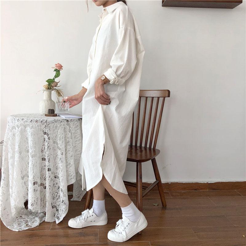 Vintage autumn Long Dress long Sleeve shirt turn down collar woman Lady loose shirt Casual Fashion maxi Dress cotton blue white