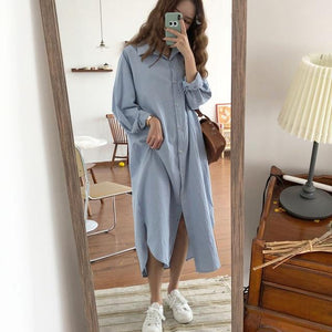 Vintage autumn Long Dress long Sleeve shirt turn down collar woman Lady loose shirt Casual Fashion maxi Dress cotton blue white