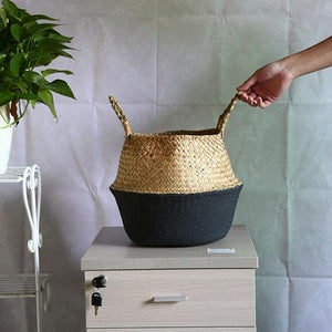 WHISM Handle Seagrass Laundry Basket Folding Handmade Straw Flowerpot Planter Wicker Clothes Toys Storage Holder Organizer