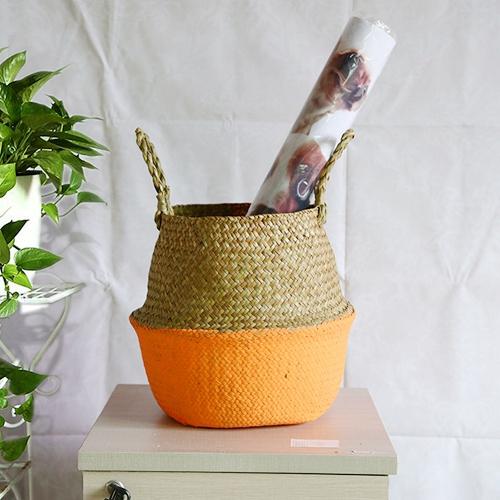 WHISM Handle Seagrass Laundry Basket Folding Handmade Straw Flowerpot Planter Wicker Clothes Toys Storage Holder Organizer