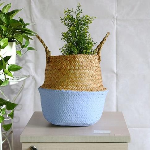 WHISM Handle Seagrass Laundry Basket Folding Handmade Straw Flowerpot Planter Wicker Clothes Toys Storage Holder Organizer