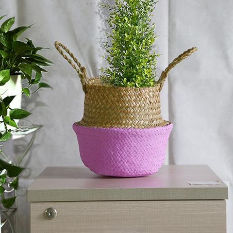 WHISM Handle Seagrass Laundry Basket Folding Handmade Straw Flowerpot Planter Wicker Clothes Toys Storage Holder Organizer