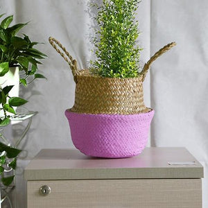 WHISM Handle Seagrass Laundry Basket Folding Handmade Straw Flowerpot Planter Wicker Clothes Toys Storage Holder Organizer