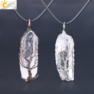 CSJA Natural Crystal Pillar Big Pendants Antique Copper Wire Wrapped Tree of Life Quartz Pendant for Necklace PPC Chain F554