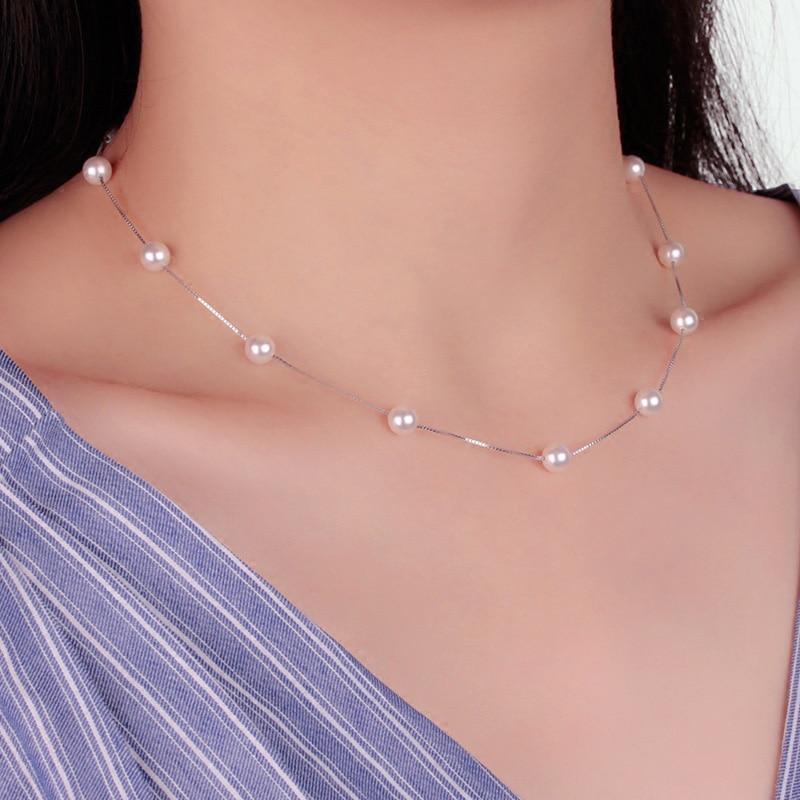 Anenjery 925 Sterling Silver Jewelry 12 PCS 6mm Pearl Box Chain Choker