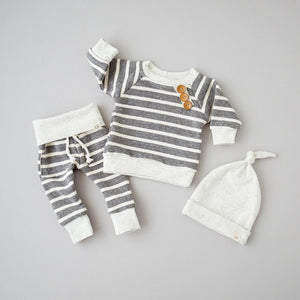 3 piece Long Sleeve Stripe Buttons Decor Sweatshirt Top Pants