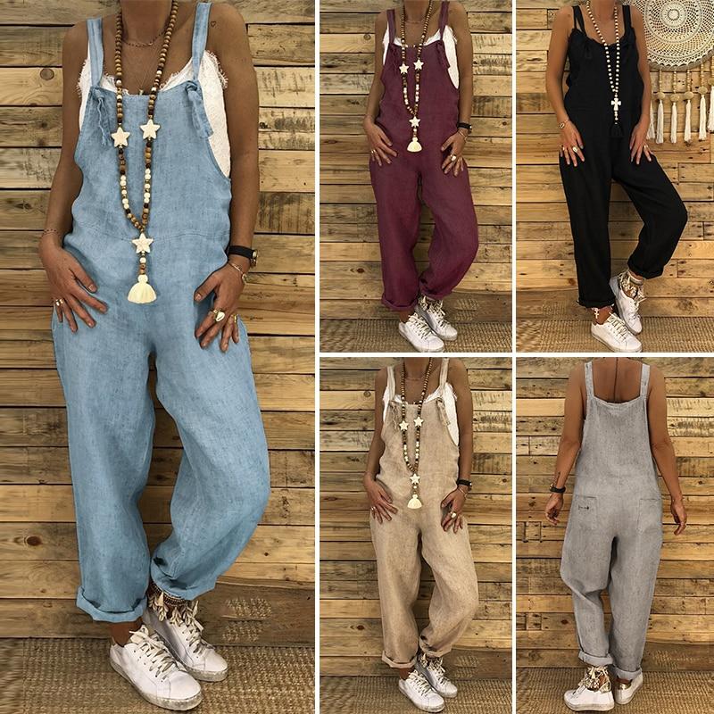 Plus Size Linen Overalls 2019 ZANZEA Vintage Casual Dungarees Jumpsuits Women Long Rompers Female Harem Pants Trousers Pantalon