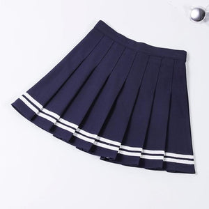 XS-XXL Four Colors High Waist A-Line Women Skirt Striped Stitching Sailor Pleated Skirt Elastic Waist Sweet Girls Dance Skirt