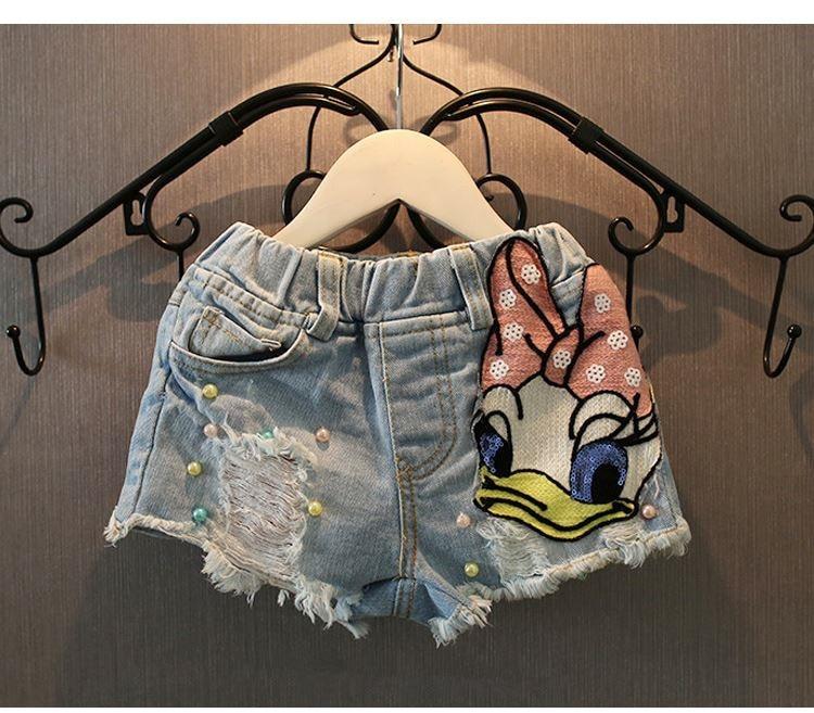 Girls cute Shorts Denim Cartoon Daisy Duck hole Baby Ripped Jeans Short