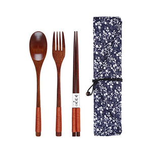 Baispo Portable Tableware Wooden Cutlery Sets with Useful Spoon Fork Chopsticks Travel Gift Dinnerware Suit with Cloth bag