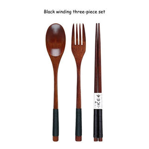 Baispo Portable Tableware Wooden Cutlery Sets with Useful Spoon Fork Chopsticks Travel Gift Dinnerware Suit with Cloth bag