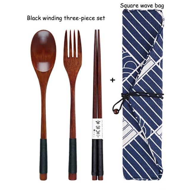 Baispo Portable Tableware Wooden Cutlery Sets with Useful Spoon Fork Chopsticks Travel Gift Dinnerware Suit with Cloth bag