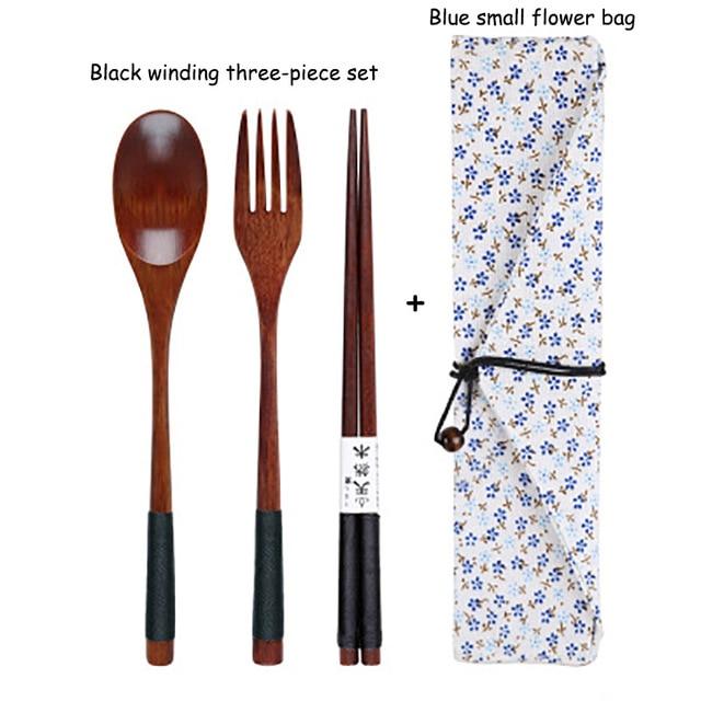 Baispo Portable Tableware Wooden Cutlery Sets with Useful Spoon Fork Chopsticks Travel Gift Dinnerware Suit with Cloth bag