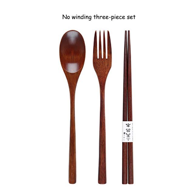 Baispo Portable Tableware Wooden Cutlery Sets with Useful Spoon Fork Chopsticks Travel Gift Dinnerware Suit with Cloth bag