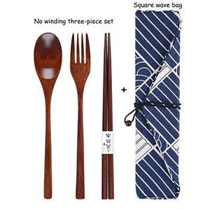 Baispo Portable Tableware Wooden Cutlery Sets with Useful Spoon Fork Chopsticks Travel Gift Dinnerware Suit with Cloth bag