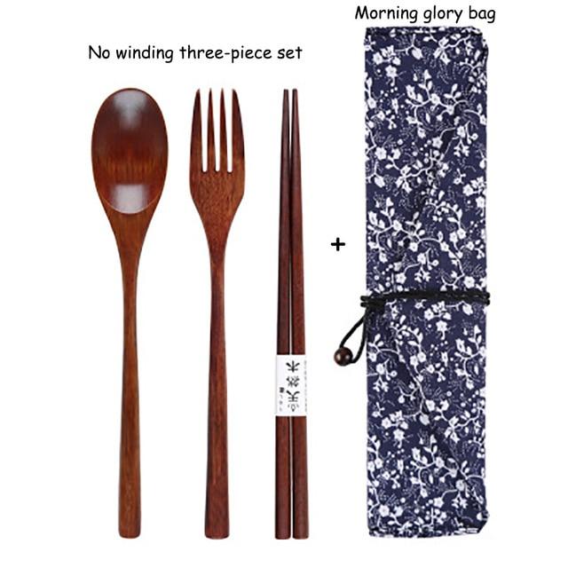 Baispo Portable Tableware Wooden Cutlery Sets with Useful Spoon Fork Chopsticks Travel Gift Dinnerware Suit with Cloth bag