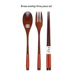 Baispo Portable Tableware Wooden Cutlery Sets with Useful Spoon Fork Chopsticks Travel Gift Dinnerware Suit with Cloth bag