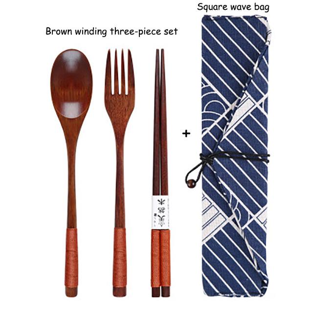 Baispo Portable Tableware Wooden Cutlery Sets with Useful Spoon Fork Chopsticks Travel Gift Dinnerware Suit with Cloth bag