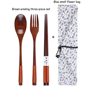 Baispo Portable Tableware Wooden Cutlery Sets with Useful Spoon Fork Chopsticks Travel Gift Dinnerware Suit with Cloth bag