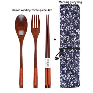 Baispo Portable Tableware Wooden Cutlery Sets with Useful Spoon Fork Chopsticks Travel Gift Dinnerware Suit with Cloth bag